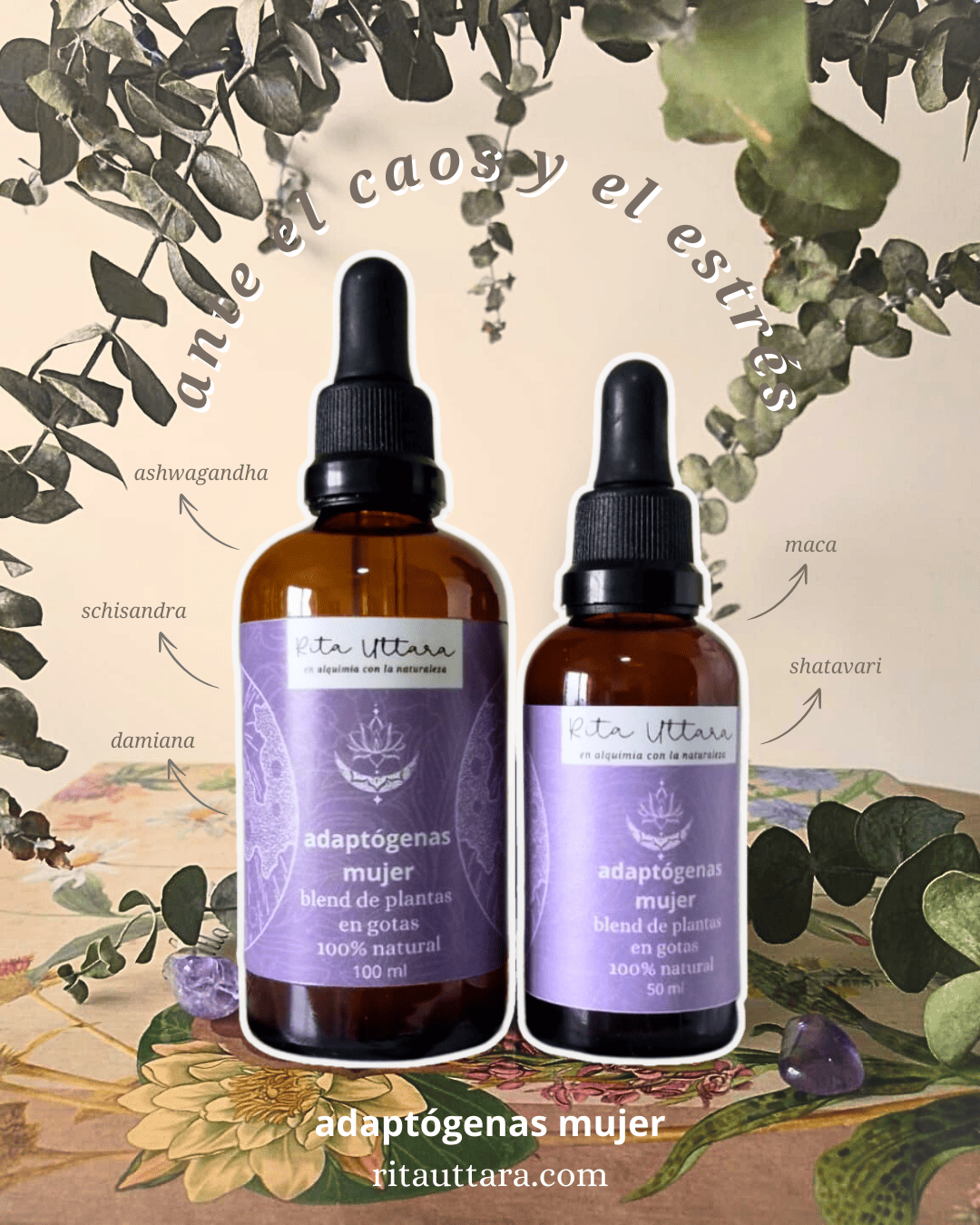 Adaptógenas Mujer. Blend de plantas en gotas. Ayuda a elevar la vitalidad, casos de estrés, fatiga, resistencia física. Síndrome de Burnout. Con maca, ashwagandha