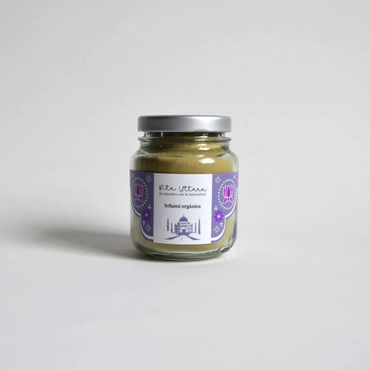 Organic Brahmi powder x 40 gr. Bacopa. Ayurveda. Promotes memory, learning and concentration. Rejuvenates the mind and nervous system. Helps in cases of anxiety. Brahmi. Reusable container. Ayurveda herb