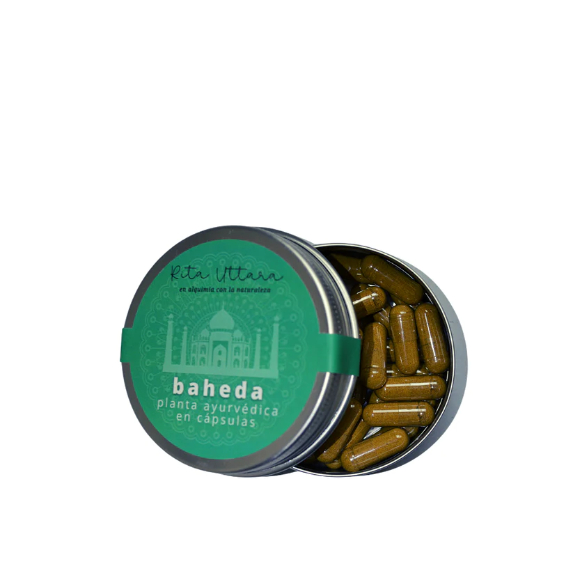 Baheda capsules x 30. Bibhitaki. Detoxifies the blood. Strong bones. Relieves constipation. Take care of your voice. Natural detoxifier. Reusable container x 30. Ayurveda plant