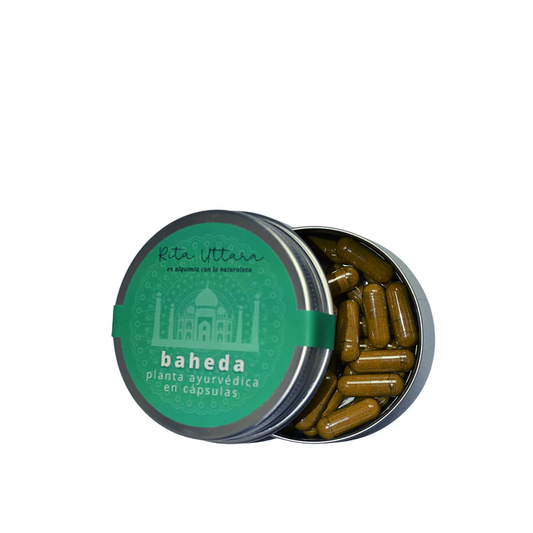 Baheda capsules x 30. Bibhitaki. Detoxifies the blood. Strong bones. Relieves constipation. Take care of your voice. Natural detoxifier. Reusable container x 30. Ayurveda plant