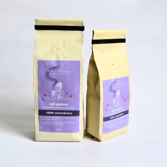 Organic coffee with rose petals and spices. Roasted, ground and powdered. 100% Colombian.