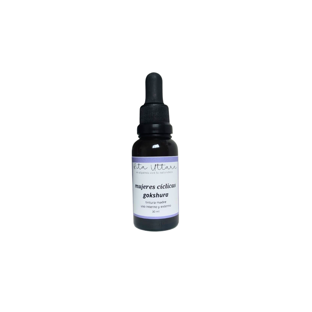 Gokshura en gotas. Tintura herbal. Ayuda a aliviar síntomas y dolores premenstruales, así como los relacionados con menopausia. Ayuda a eliminar cálculos. Mantiene la libido saludable. Buen funcionamiento sistema inmune