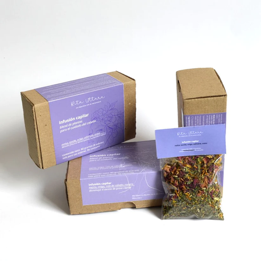 100% natural hair infusion. Apply to dry or damp hair. Restores freshness and reduces dryness. Blend of selected plants for hair care. Box of 8 sachets. External use only.