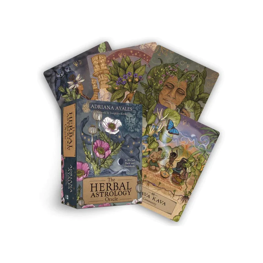 Herbal Astrology Oracle. Includes: Deck of 55 cards, mini guide book and case. Beautifully illustrated. In English