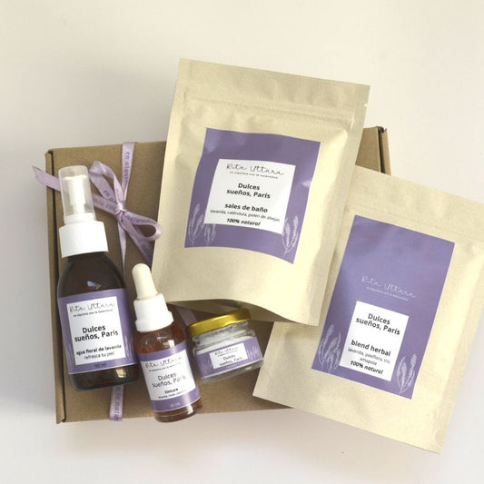 "Sweet Dreams, Paris." Natural and mineral set that helps you sleep better. Supports in cases of insomnia, stress, anxiety. Relaxing effect. Contains organic lavender and rose flowers