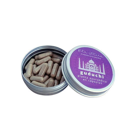 Guduchi capsules. Improves microbiota balance. Rejuvenates. Helps boost immune system. Promotes proper liver function. Reusable container. Ayurvedic herb.