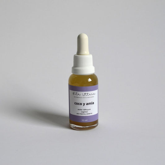 Organic Coconut Oil and Amla. Cosmetic Use, Food and Massages. Ally of feminine beauty. Rejuvenating tonic. Glass bottle 30 ml