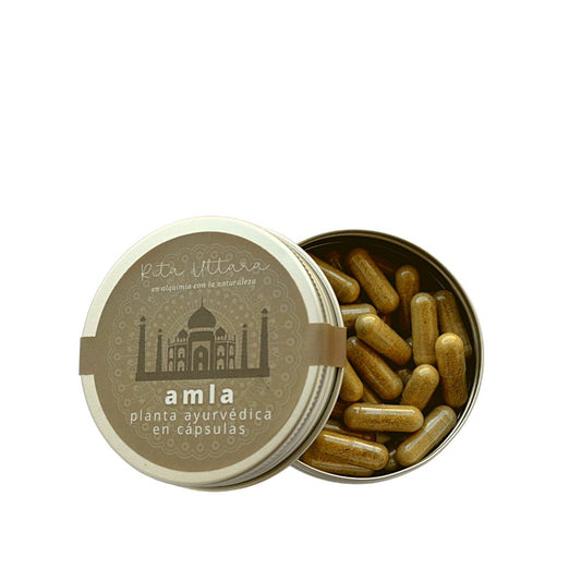 Amla in vegetable capsules. Resealable container. High in vitamin C. The best Ayurvedic antioxidant. Helps with migraines, stress, or anxiety. Increases vitality. Menstrual cramps. Ayurvedic herb.