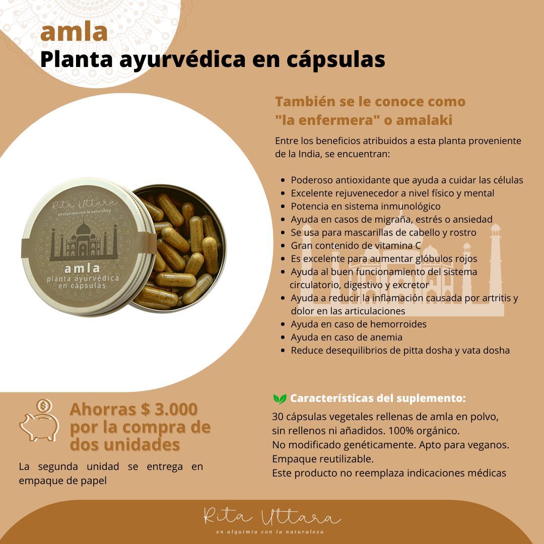 Amla en cápsulas vegetales. Envase reutilizable. Alto contenido de vitamina C. El mejor antioxidante ayurvédico. Ayuda en caso de migraña, estrés o ansiedad. Aumenta vitalidad. Dolores menstruales. Planta ayurveda