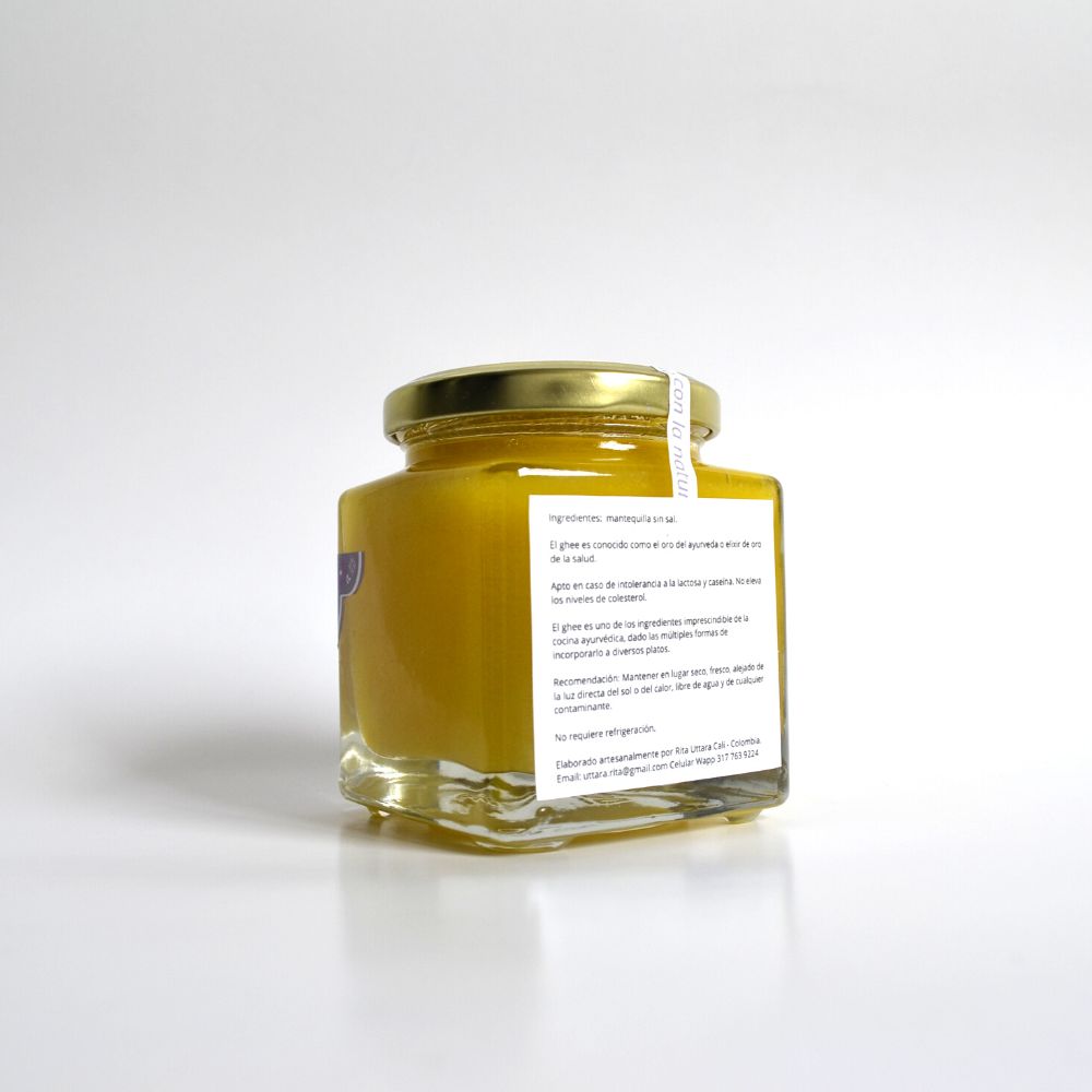 Ghee artesanal ayurvédico x 180 g. Mantequilla clarificada. Elixir de oro de la sanación en ayurveda. Apto para intolerantes a la lactosa y caseína. Sin ácidos grasos trans. Uso: Interno y externo
