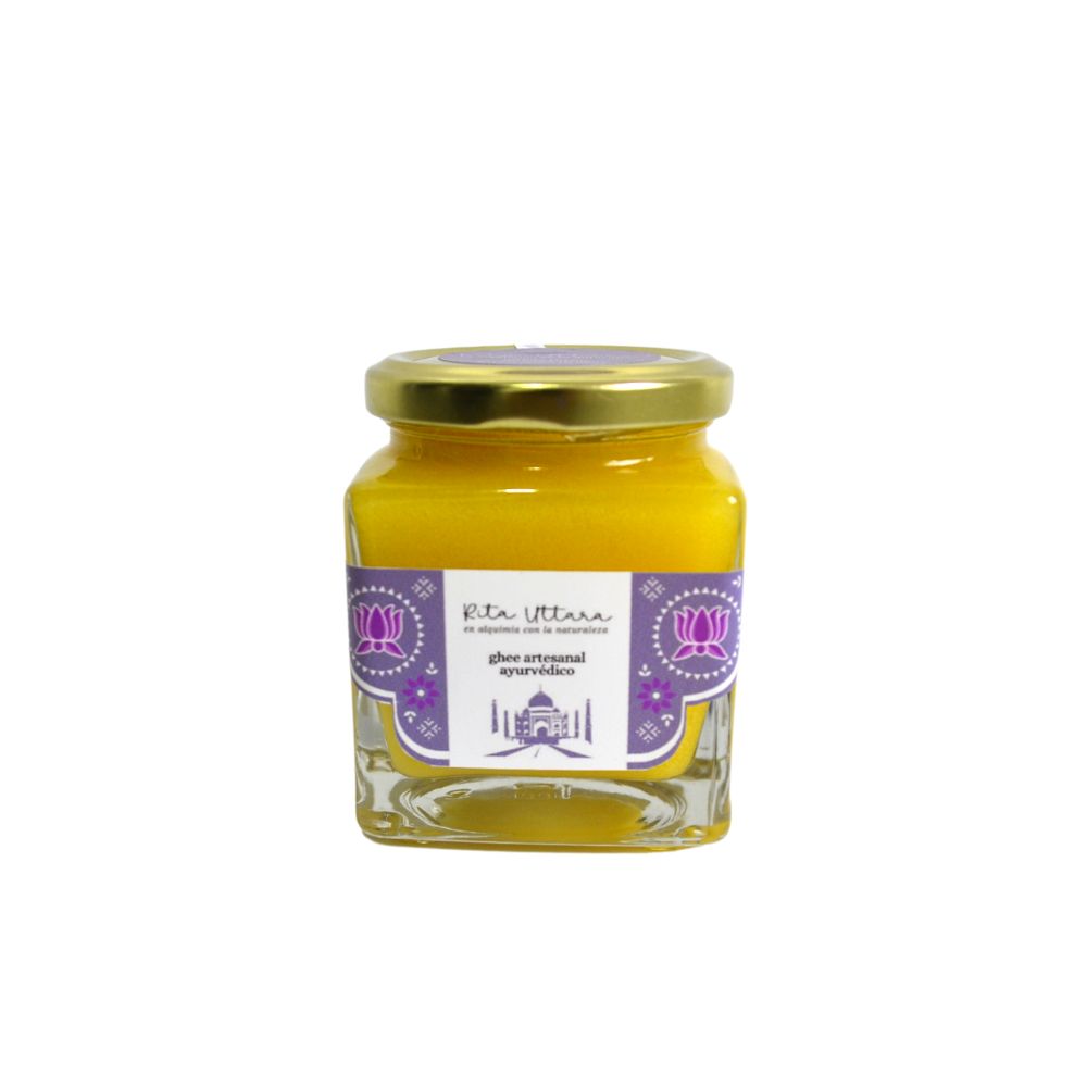 Ghee artesanal ayurvédico x 180 g. Mantequilla clarificada. Elixir de oro de la sanación en ayurveda. Apto para intolerantes a la lactosa y caseína. Sin ácidos grasos trans. Uso: Interno y externo