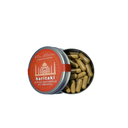 Organic Haritaki capsules. Natural cleanser. Supports digestion, colon, liver, and spleen health. Tissue rejuvenating effect. Reusable container. Ayurvedic herb.