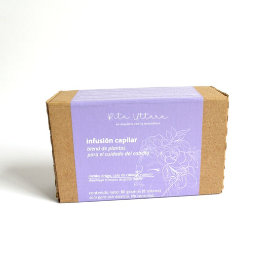 Hair infusion. Apply to dry or damp hair. 100% natural. Helps eliminate excess oil from the scalp. Blend of selected plants for hair care. Box of 8 sachets. For external use only.