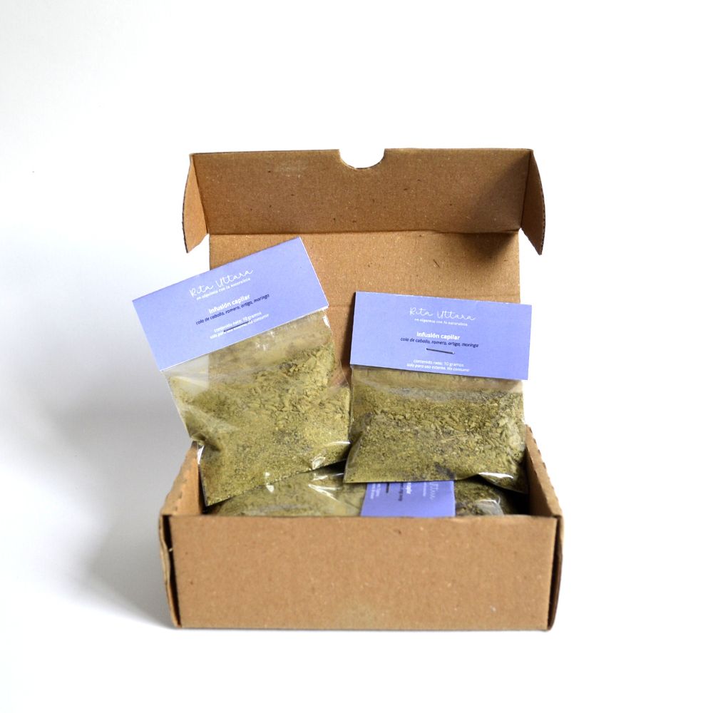 Hair infusion. Apply to dry or damp hair. 100% natural. Strengthens to prevent hair loss. Blend of selected plants for hair care. Box of 8 sachets. For external use only.