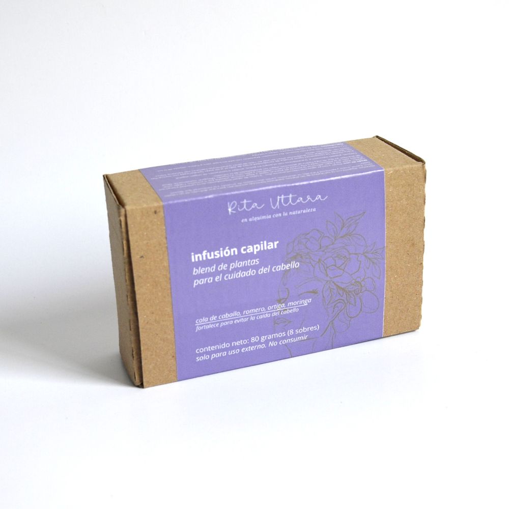 Hair infusion. Apply to dry or damp hair. 100% natural. Strengthens to prevent hair loss. Blend of selected plants for hair care. Box of 8 sachets. For external use only.