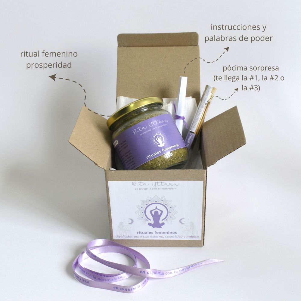 Ritual femenino de Prosperidad x 160 gramos. Incluye: pócima sorpresa, palabras de poder, instrucciones y caja de empaque. Diseñado solo para uso externo, cosmético y mágico