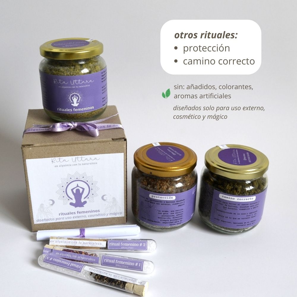 Ritual femenino de Prosperidad x 160 gramos. Incluye: pócima sorpresa, palabras de poder, instrucciones y caja de empaque. Diseñado solo para uso externo, cosmético y mágico