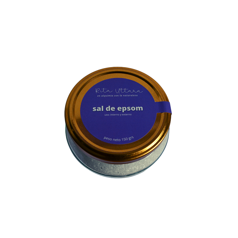 Sal de Epsom x 150 gr. Sulfato de magnesio. Dolor menstrual. Efecto Antiinflamatorio, relajante, Mejora el sueño. Mejora la circulación. Elimina toxinas. Efecto laxante. Uso: interno y externo