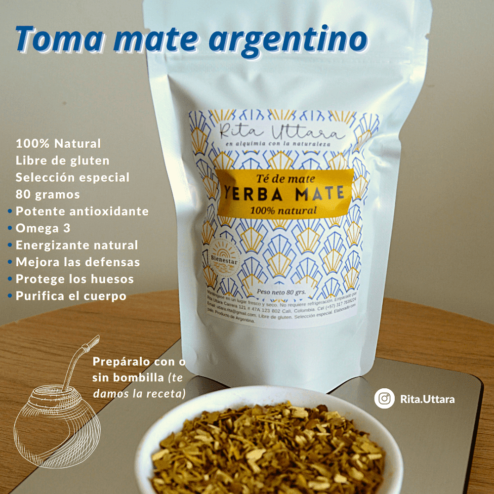 Yerba mate. 100% Natural. Té de mate. Libre de gluten.Selección especial. 80 grs. Potente antioxidante. Omega-3. Energizante natural. Mejora las defensas. Cuida huesos. Antidepresión. Vitaminas