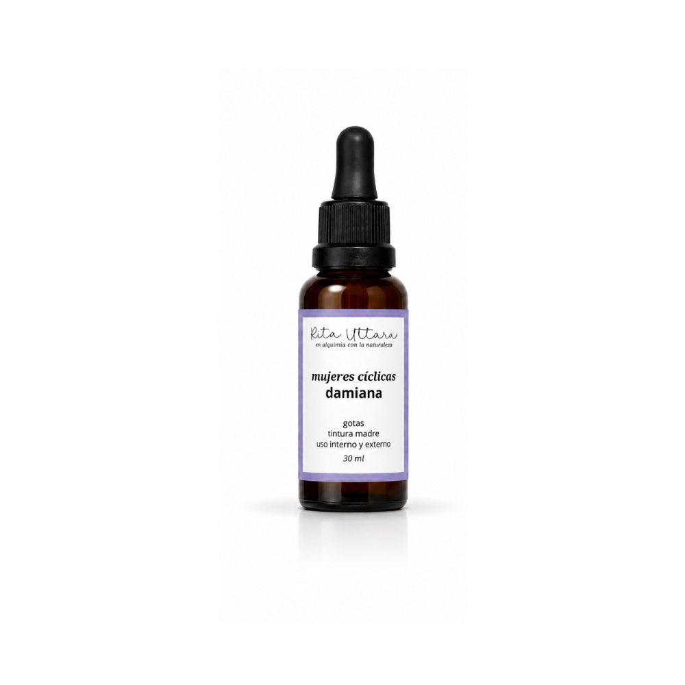 Damiana drops. 100% natural. Helps regulate the cycle and relieve menstrual cramps in young women. Improves mood and reduces lack of motivation. An ally for healthy menopause.