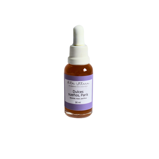 Dulces sueños, París. Extracto botánico en gotas útil en casos de insomnio, ansiedad, estrés. Efecto relajante. Contiene flores orgánicas de lavanda y rosas. Botella x 30 ml