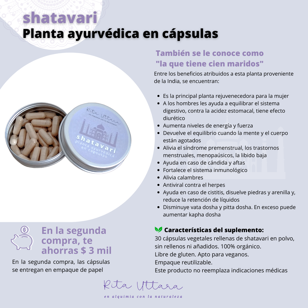 Shatavari orgánico en cápsulas x 30. Mejor tónico rejuvenecedor de la mujer. Ayuda en procesos de síndrome premenstrual, trastornos menstruales, menopausia, libido baja. Planta ayurveda