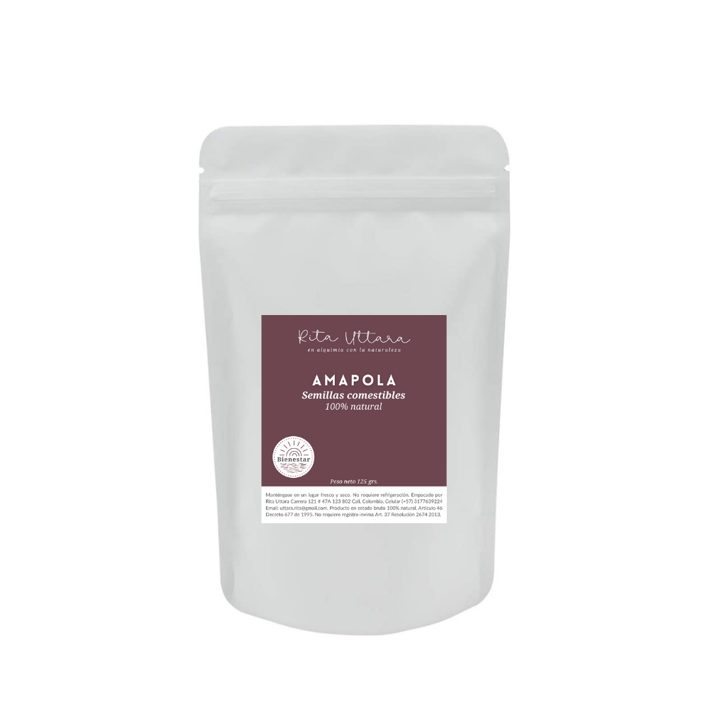 Amapola en Semillas. 100% Natural. 125 grs. Acción relajante. Da sensación de bienestar durante menstruación. Síntomas menopausia. Bolsa resellable