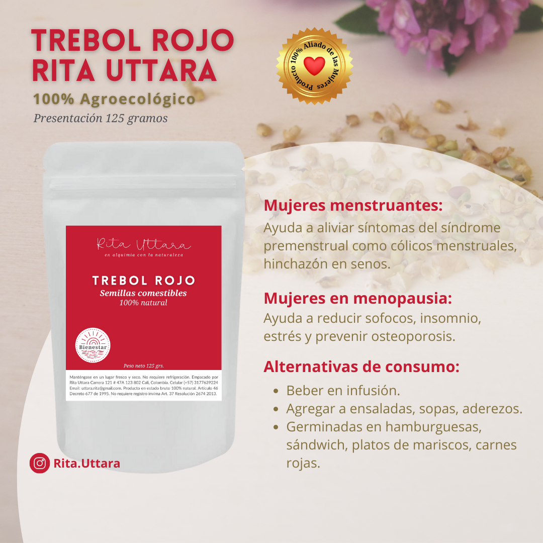 Trébol Rojo en Semillas. Agroecológicas. 125 grs. Efecto desequilibrios hormonales relacionados con síndrome premenstrual y menopausia.Antioxidante. Vit C, B1,B3.