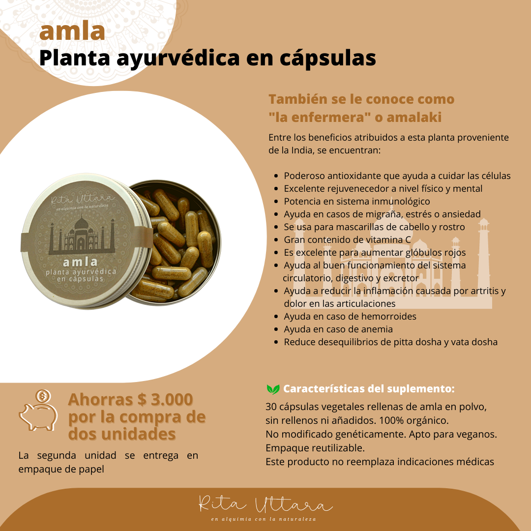 Amla en cápsulas. Envase reutilizable x 30. Alto contenido de vitamina C. El mejor antioxidante ayurvédico. Ayuda en caso de migraña, estrés o ansiedad. Aumenta vitalidad. Dolores menstruales.  Planta ayurveda