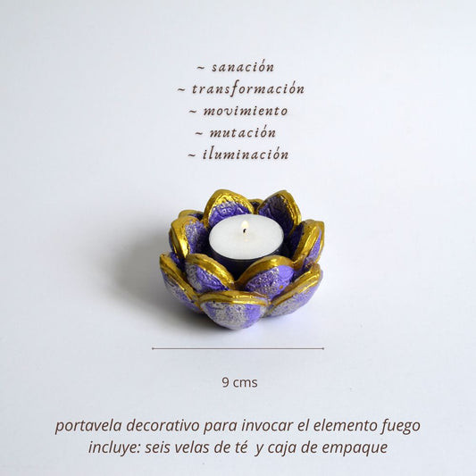 Lotus flower. Decorative ceramic candle holder to invoke the element of fire. Includes 6 tea lights and packaging. Hand painted