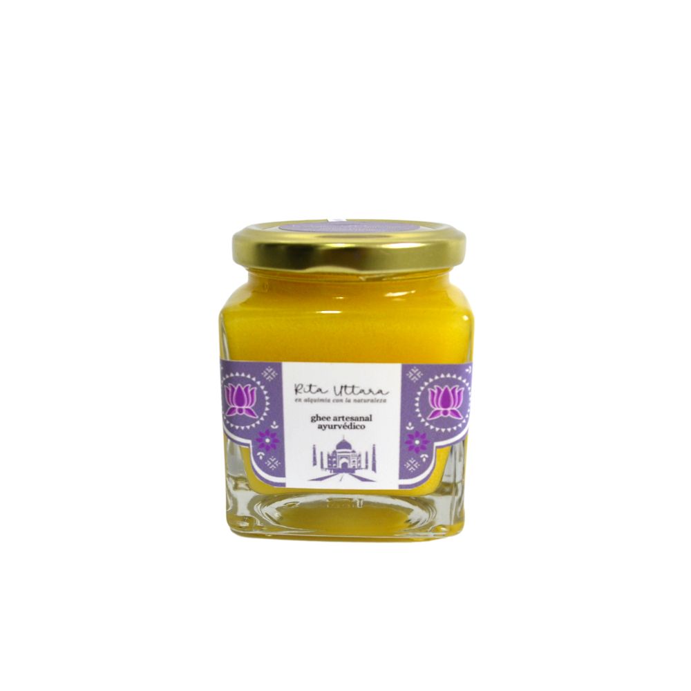 Ghee  artesanal ayurvédico. Mantequilla clarificada. Elixir de oro de la sanación en ayurveda. Apto para intolerantes a la lactosa y caseína.  Sin ácidos grasos trans. Uso: Interno y externo