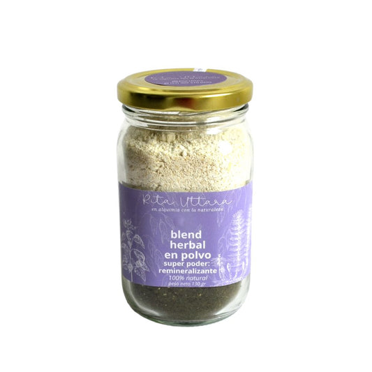 Blend herbal en polvo x 130 gramos. Remineralizante de calcio. Protege los huesos y las articulaciones. Osteoporosis, osteopenia, osteoartritis. Estimula la producción de colágeno. Natural, sin añadidos