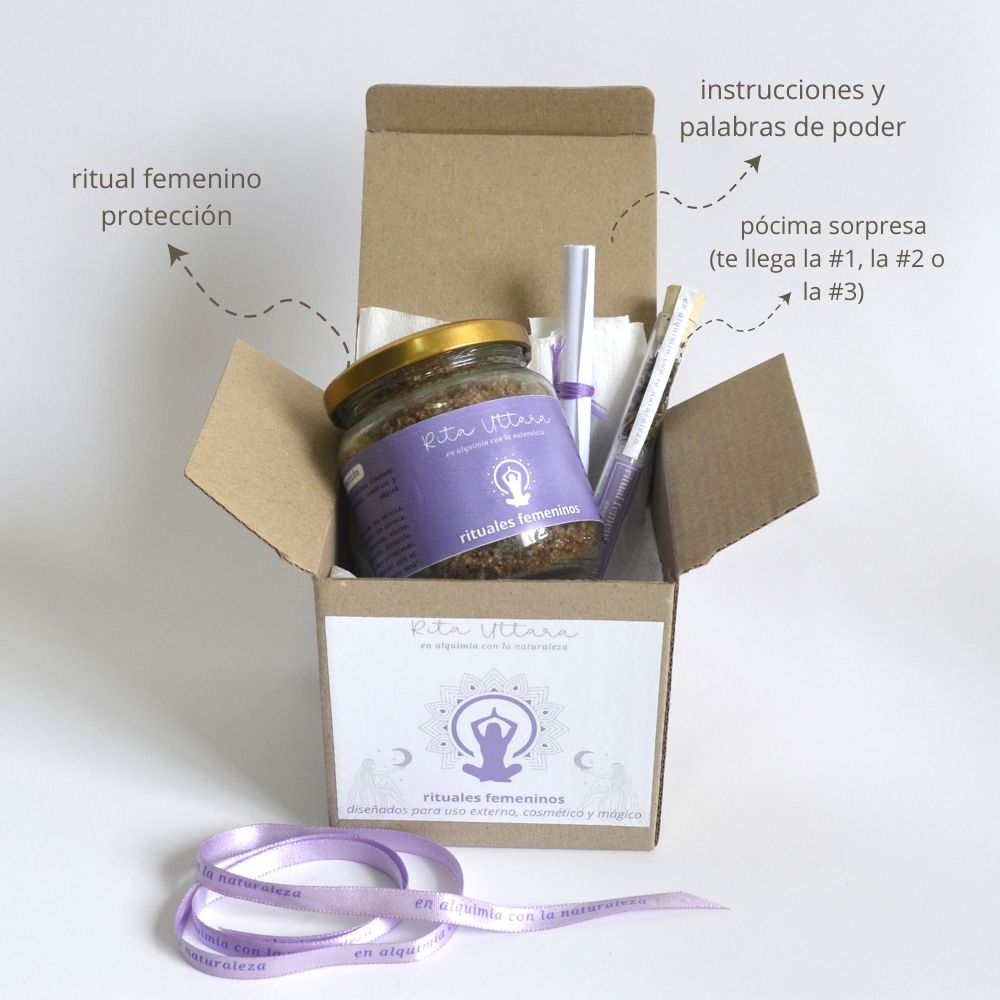 Ritual femenino de Protección x 160 gramos. Incluye: pócima sorpresa, palabras de poder, instrucciones y caja de empaque. Diseñado solo para uso externo, cosmético y mágico