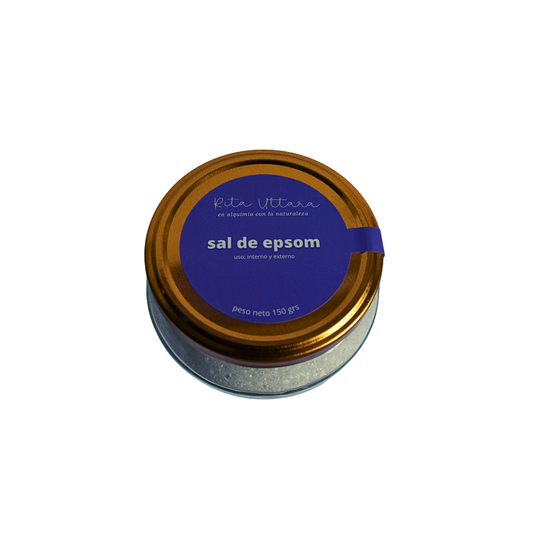 Sal de Epsom x 150 gr. Sulfato de magnesio. Dolor menstrual. Efecto Antiinflamatorio,  relajante, Mejora el sueño. Mejora la circulación. Elimina toxinas. Efecto laxante. Uso: interno y externo